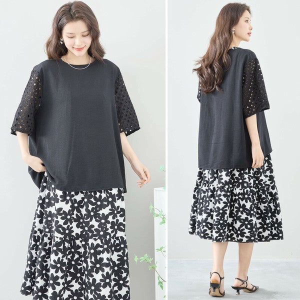 【L〜LL対応】カットワーク刺繍スリーブトップス｜ゆったりめ 夏 涼しい 半袖 ブラウス ポリエステル 綿 C31-1730A