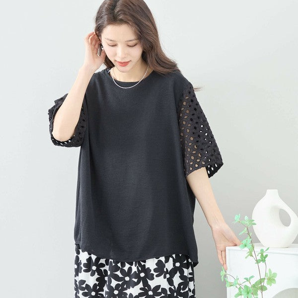【L〜LL対応】カットワーク刺繍スリーブトップス｜ゆったりめ 夏 涼しい 半袖 ブラウス ポリエステル 綿 C31-1730A
