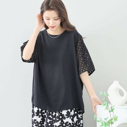 【L〜LL対応】カットワーク刺繍スリーブトップス｜ゆったりめ 夏 涼しい 半袖 ブラウス ポリエステル 綿 C31-1730A