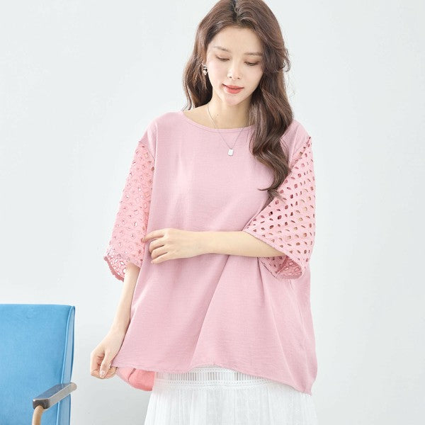【L〜LL対応】カットワーク刺繍スリーブトップス｜ゆったりめ 夏 涼しい 半袖 ブラウス ポリエステル 綿 C31-1730A