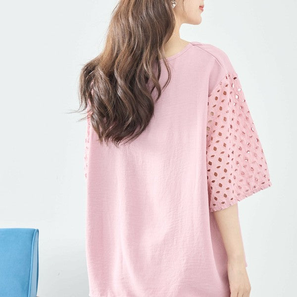 【L〜LL対応】カットワーク刺繍スリーブトップス｜ゆったりめ 夏 涼しい 半袖 ブラウス ポリエステル 綿 C31-1730A