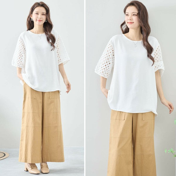 【L〜LL対応】カットワーク刺繍スリーブトップス｜ゆったりめ 夏 涼しい 半袖 ブラウス ポリエステル 綿 C31-1730A