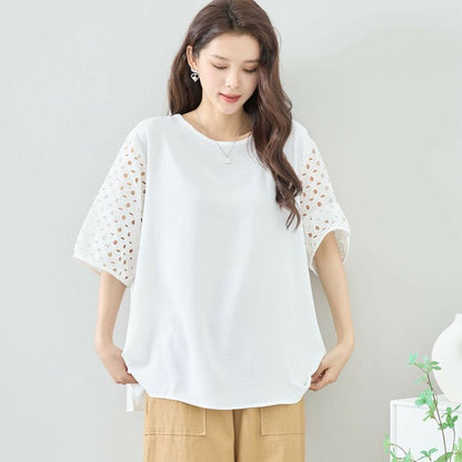 【L〜LL対応】カットワーク刺繍スリーブトップス｜ゆったりめ 夏 涼しい 半袖 ブラウス ポリエステル 綿 C31-1730A