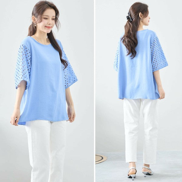 【L〜LL対応】カットワーク刺繍スリーブトップス｜ゆったりめ 夏 涼しい 半袖 ブラウス ポリエステル 綿 C31-1730A