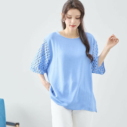 【L〜LL対応】カットワーク刺繍スリーブトップス｜ゆったりめ 夏 涼しい 半袖 ブラウス ポリエステル 綿 C31-1730A
