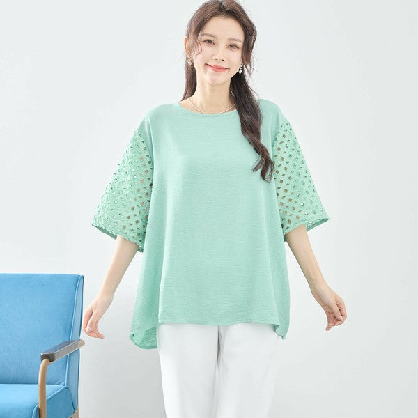 【L〜LL対応】カットワーク刺繍スリーブトップス｜ゆったりめ 夏 涼しい 半袖 ブラウス ポリエステル 綿 C31-1730A
