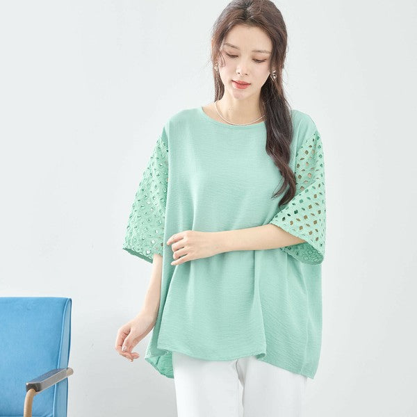 【L〜LL対応】カットワーク刺繍スリーブトップス｜ゆったりめ 夏 涼しい 半袖 ブラウス ポリエステル 綿 C31-1730A