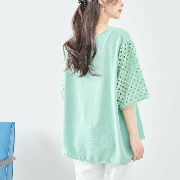 【L〜LL対応】カットワーク刺繍スリーブトップス｜ゆったりめ 夏 涼しい 半袖 ブラウス ポリエステル 綿 C31-1730A