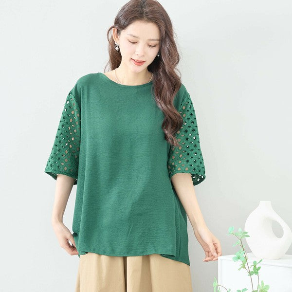 【L〜LL対応】カットワーク刺繍スリーブトップス｜ゆったりめ 夏 涼しい 半袖 ブラウス ポリエステル 綿 C31-1730A