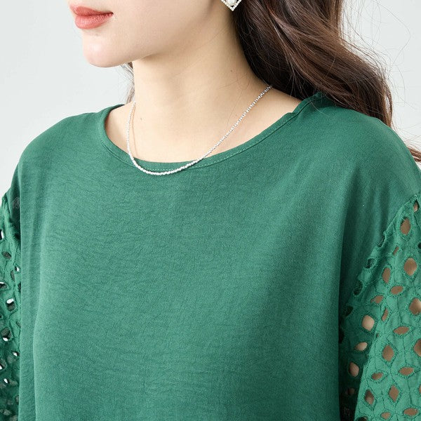 【L〜LL対応】カットワーク刺繍スリーブトップス｜ゆったりめ 夏 涼しい 半袖 ブラウス ポリエステル 綿 C31-1730A