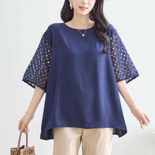 【L〜LL対応】カットワーク刺繍スリーブトップス｜ゆったりめ 夏 涼しい 半袖 ブラウス ポリエステル 綿 C31-1730A