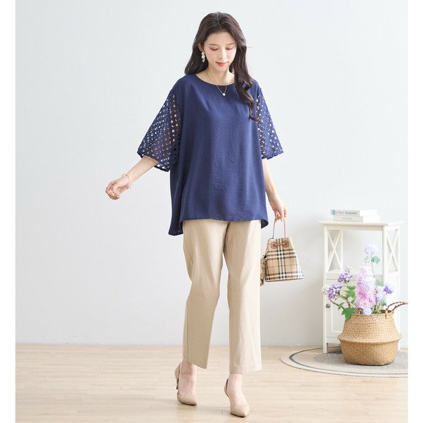 【L〜LL対応】カットワーク刺繍スリーブトップス｜ゆったりめ 夏 涼しい 半袖 ブラウス ポリエステル 綿 C31-1730A