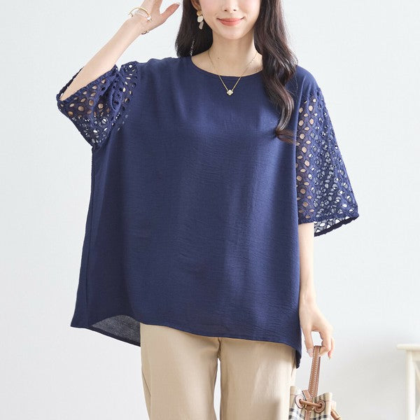 【L〜LL対応】カットワーク刺繍スリーブトップス｜ゆったりめ 夏 涼しい 半袖 ブラウス ポリエステル 綿 C31-1730A