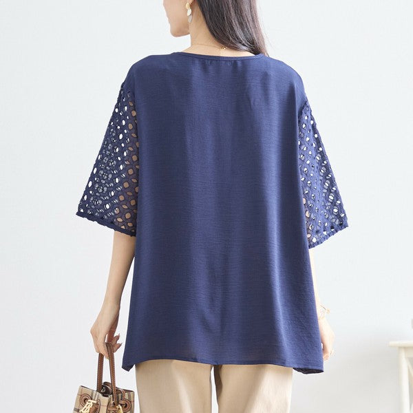 【L〜LL対応】カットワーク刺繍スリーブトップス｜ゆったりめ 夏 涼しい 半袖 ブラウス ポリエステル 綿 C31-1730A