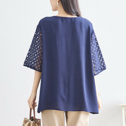 【L〜LL対応】カットワーク刺繍スリーブトップス｜ゆったりめ 夏 涼しい 半袖 ブラウス ポリエステル 綿 C31-1730A