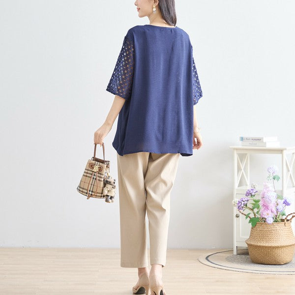 【L〜LL対応】カットワーク刺繍スリーブトップス｜ゆったりめ 夏 涼しい 半袖 ブラウス ポリエステル 綿 C31-1730A