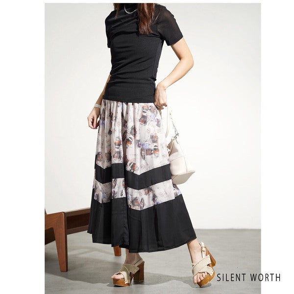 ブラック 配色プリント 切替 フレア スカート ロング マキシ ウエストゴム M