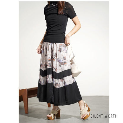 ブラック 配色プリント 切替 フレア スカート ロング マキシ ウエストゴム M