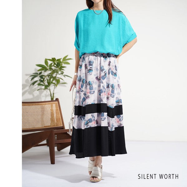 ブラック 配色プリント 切替 フレア スカート ロング マキシ ウエストゴム M