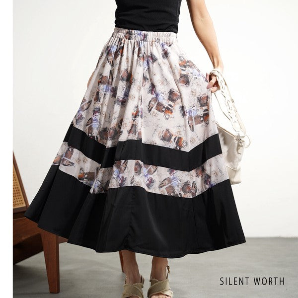 ブラック 配色プリント 切替 フレア スカート ロング マキシ ウエストゴム M