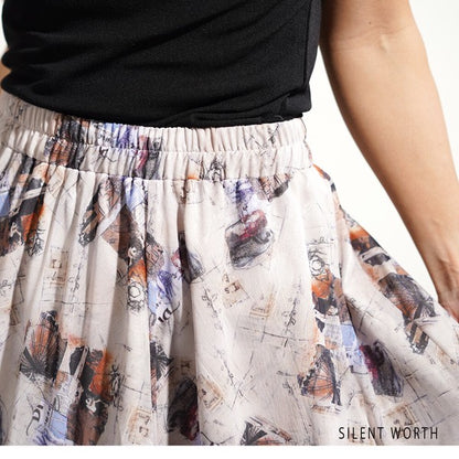 ブラック 配色プリント 切替 フレア スカート ロング マキシ ウエストゴム M