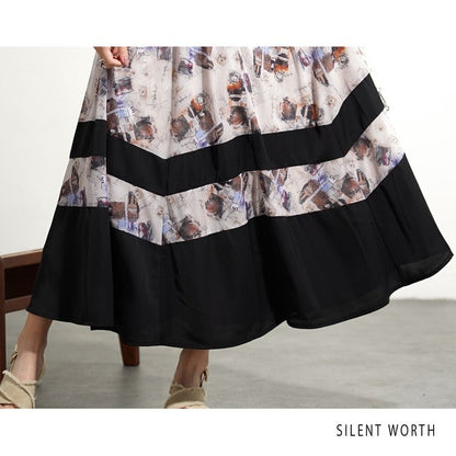 ブラック 配色プリント 切替 フレア スカート ロング マキシ ウエストゴム M