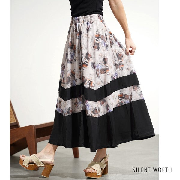 ブラック 配色プリント 切替 フレア スカート ロング マキシ ウエストゴム M