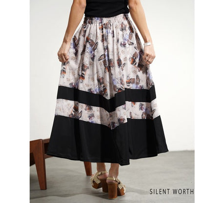 ブラック 配色プリント 切替 フレア スカート ロング マキシ ウエストゴム M