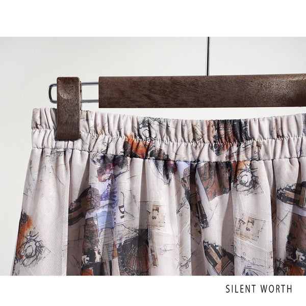 ブラック 配色プリント 切替 フレア スカート ロング マキシ ウエストゴム M