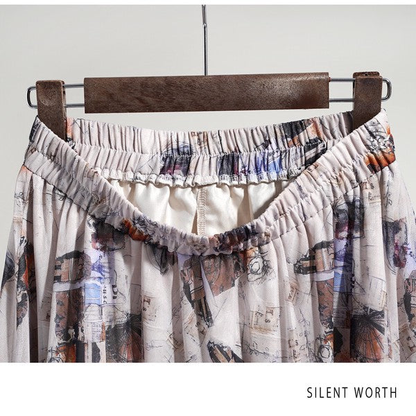 ブラック 配色プリント 切替 フレア スカート ロング マキシ ウエストゴム M