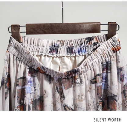 ブラック 配色プリント 切替 フレア スカート ロング マキシ ウエストゴム M