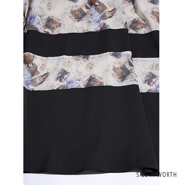 ブラック 配色プリント 切替 フレア スカート ロング マキシ ウエストゴム M