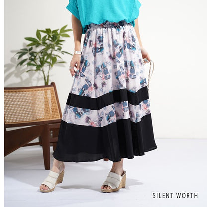 ブラック 配色プリント 切替 フレア スカート ロング マキシ ウエストゴム M