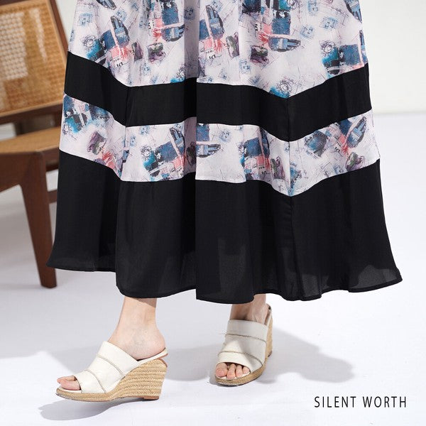 SILENT WORTH 異素材変形プリーツフレアカットソー 大きいサイズ ブラック 配色プリント 切替 フレア スカート ロング マキシ ウエスト