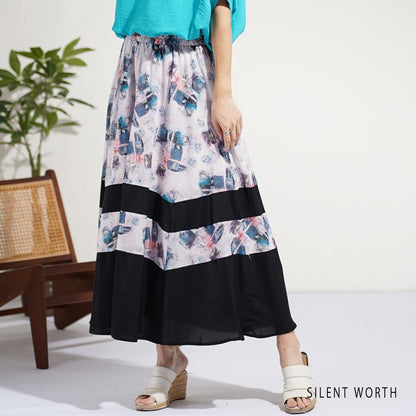 ブラック 配色プリント 切替 フレア スカート ロング マキシ ウエストゴム M