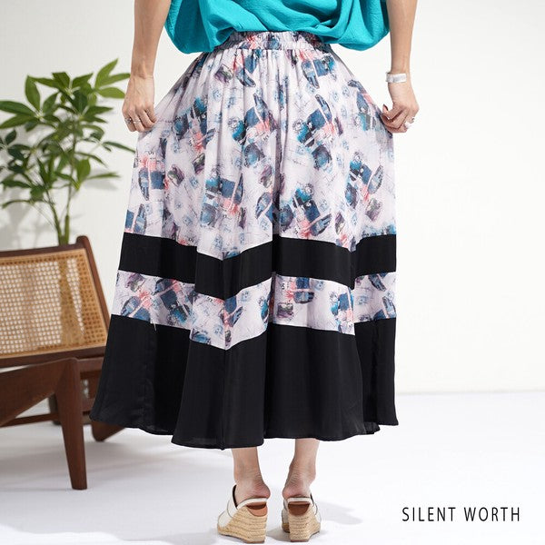 ブラック 配色プリント 切替 フレア スカート ロング マキシ ウエストゴム M