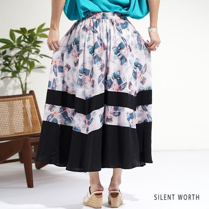 ブラック 配色プリント 切替 フレア スカート ロング マキシ ウエストゴム M
