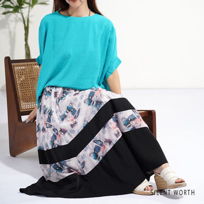 ブラック 配色プリント 切替 フレア スカート ロング マキシ ウエストゴム M