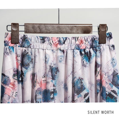 ブラック 配色プリント 切替 フレア スカート ロング マキシ ウエストゴム M