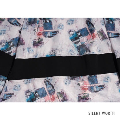 ブラック 配色プリント 切替 フレア スカート ロング マキシ ウエストゴム M