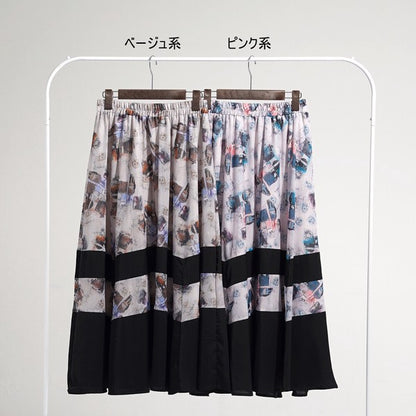 ブラック 配色プリント 切替 フレア スカート ロング マキシ ウエストゴム M