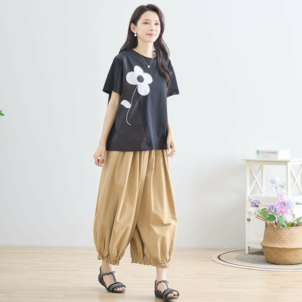 【M〜L】フラワーモチーフ切替Tシャツ（N12-542）｜大人の可愛さ×ゆったり着心地