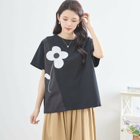 【M〜L】フラワーモチーフ切替Tシャツ（N12-542）｜大人の可愛さ×ゆったり着心地