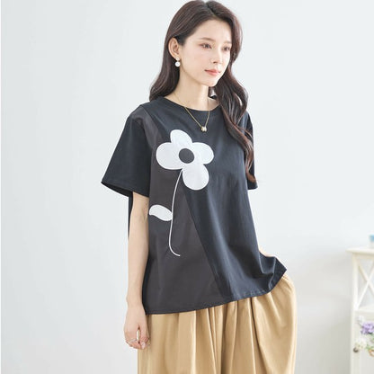 【M〜L】フラワーモチーフ切替Tシャツ（N12-542）｜大人の可愛さ×ゆったり着心地