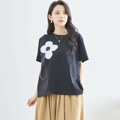 【M〜L】フラワーモチーフ切替Tシャツ（N12-542）｜大人の可愛さ×ゆったり着心地