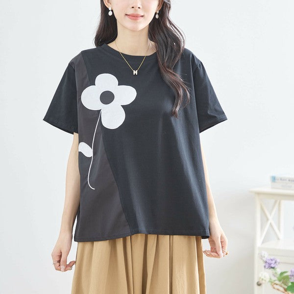 【M〜L】フラワーモチーフ切替Tシャツ（N12-542）｜大人の可愛さ×ゆったり着心地