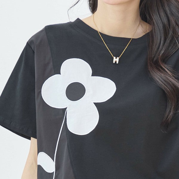 【M〜L】フラワーモチーフ切替Tシャツ（N12-542）｜大人の可愛さ×ゆったり着心地