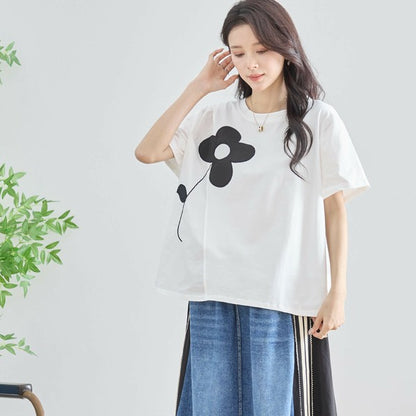 【M〜L】フラワーモチーフ切替Tシャツ（N12-542）｜大人の可愛さ×ゆったり着心地