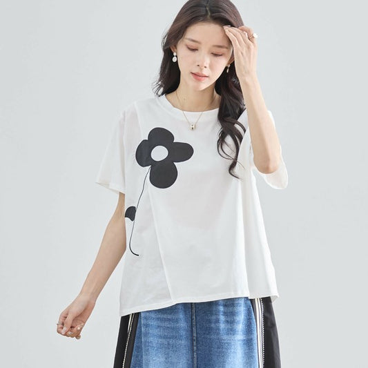 【M〜L】フラワーモチーフ切替Tシャツ（N12-542）｜大人の可愛さ×ゆったり着心地