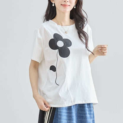 【M〜L】フラワーモチーフ切替Tシャツ（N12-542）｜大人の可愛さ×ゆったり着心地